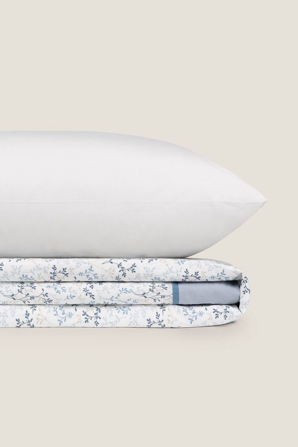 Textura S&aacute;bana hojas algod&oacute;n percal. Cama 80-90cm. azul