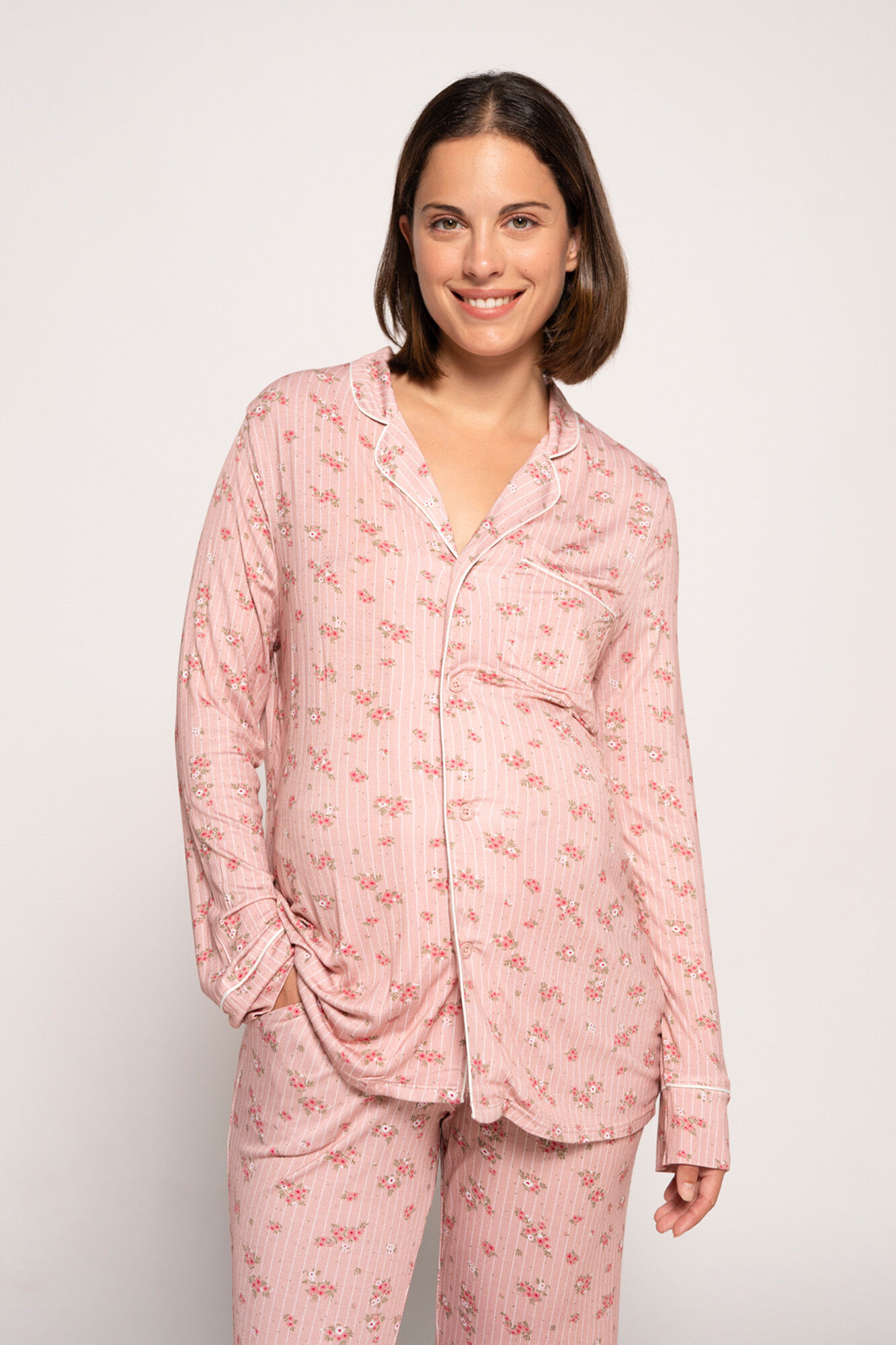 Ohma! Pijama camiseiro manga comprida com riscas e flores maternity