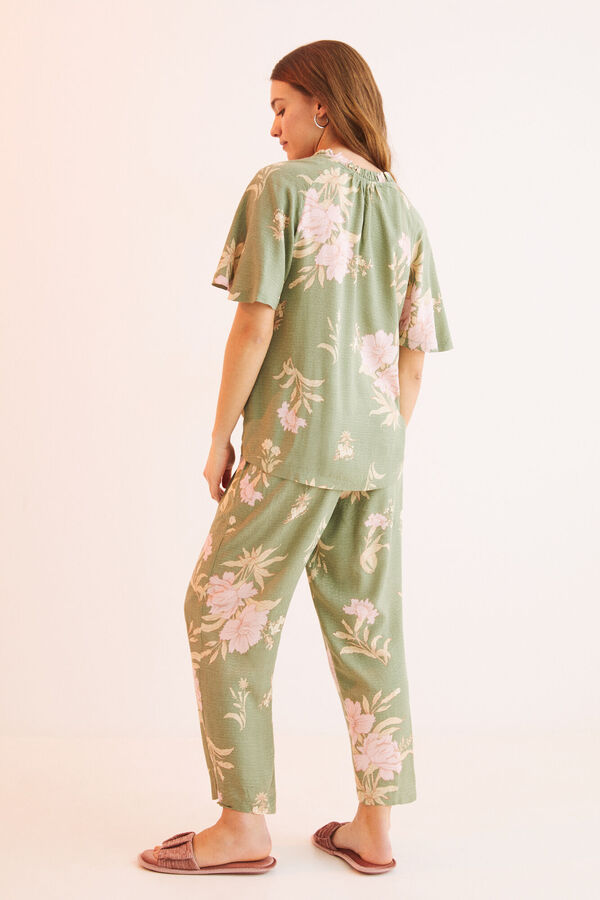 Womensecret Pijama flores verde pantalón Capri estampado