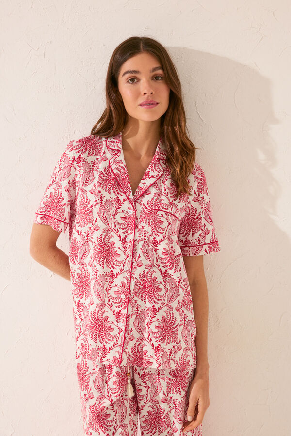 Women'secret Pijama camisero Capri estampado hojas burdeos