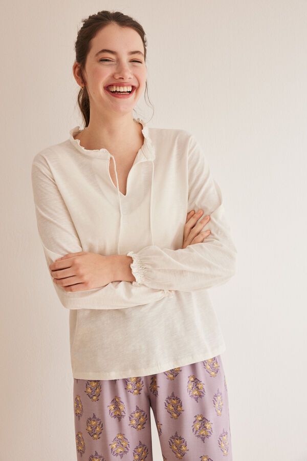 Women'secret T-shirt manga comprida branca decote em bico 100% algod&atilde;o bege