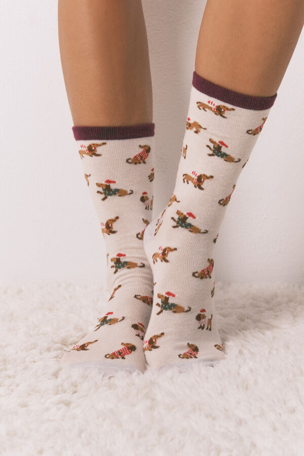 Women'secret Pack 3 calcetines largos algod&oacute;n perros salchichas  beige