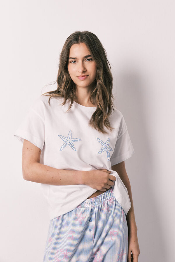 Women'secret Pijama comprido de manga curta em algod&atilde;o com estrelas marinho bege