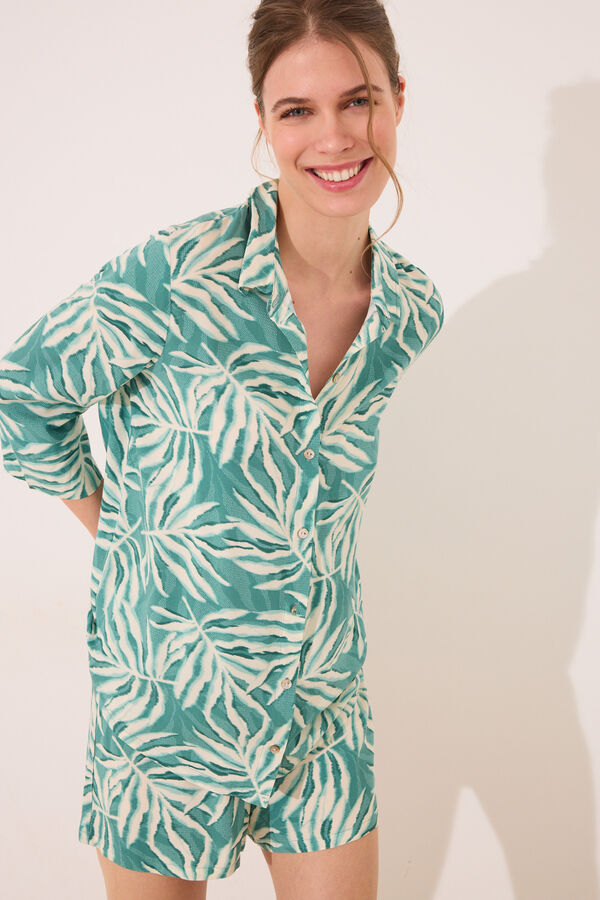 Women'secret Conjunto de blusa e cal&ccedil;a estampado de folhas verde