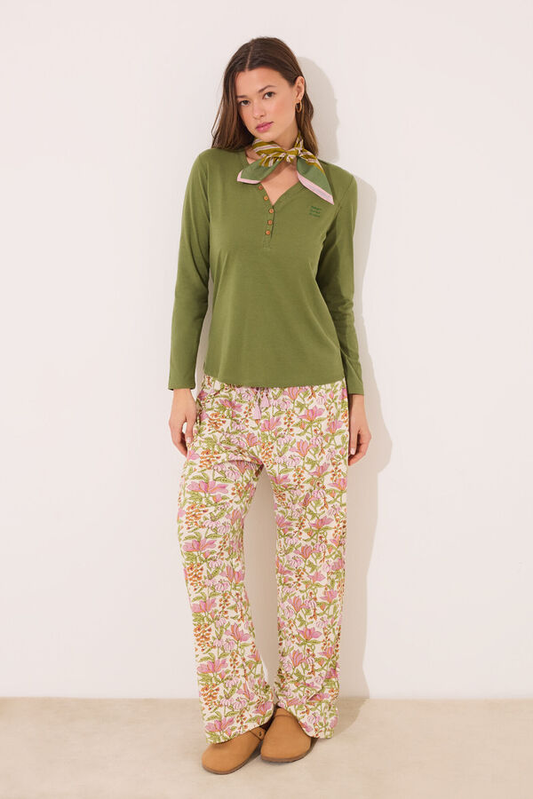 Women'secret Camiseta lisa manga larga 100% algodón verde kaki