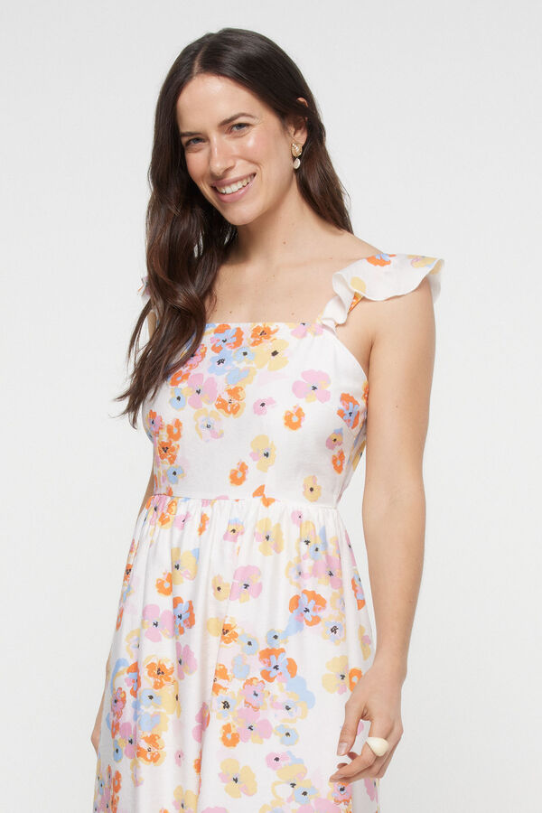 Pieces Vestido midi de tirante con volante y estampado floral. blanco
