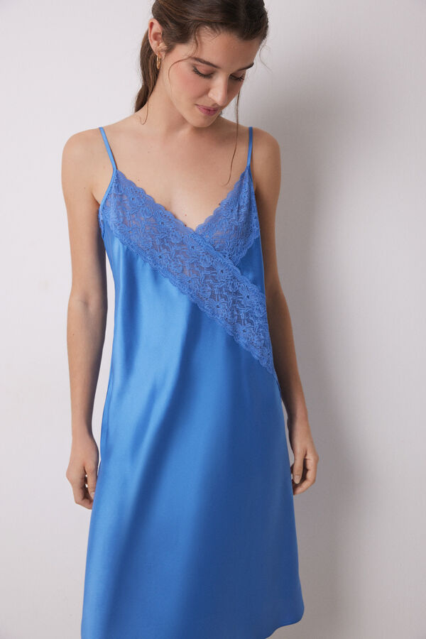 Women'secret Camis&oacute;n corto sat&eacute;n y encaje azul estampado
