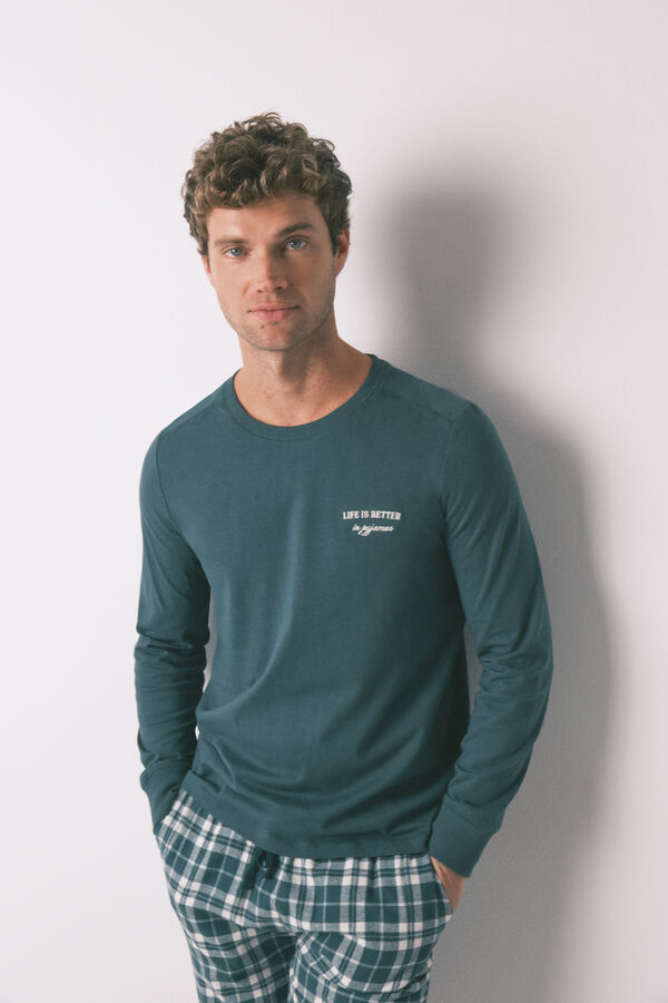 Women'secret Pijama largo 100% algod&oacute;n cuadros verde verde