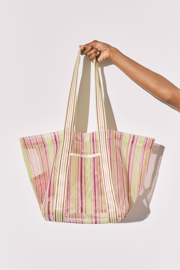 Women'secret Mala grande em tecido mesh com riscas verde e rosa estampado