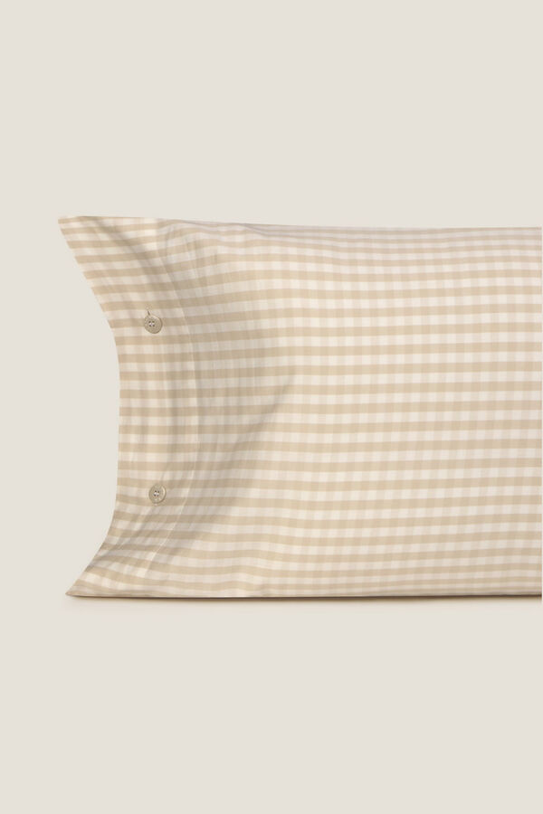 Textura Fronha de cetim de algod&atilde;o com xadrez xadrez bege