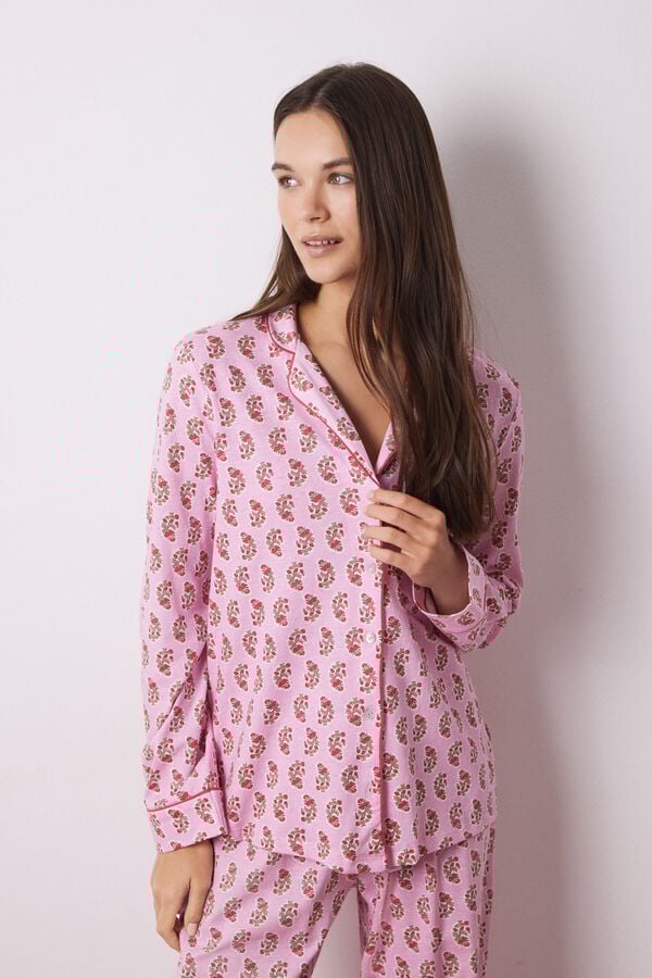 Women'secret Pijama camisero 100% algod&oacute;n flores hind&uacute;es rosa