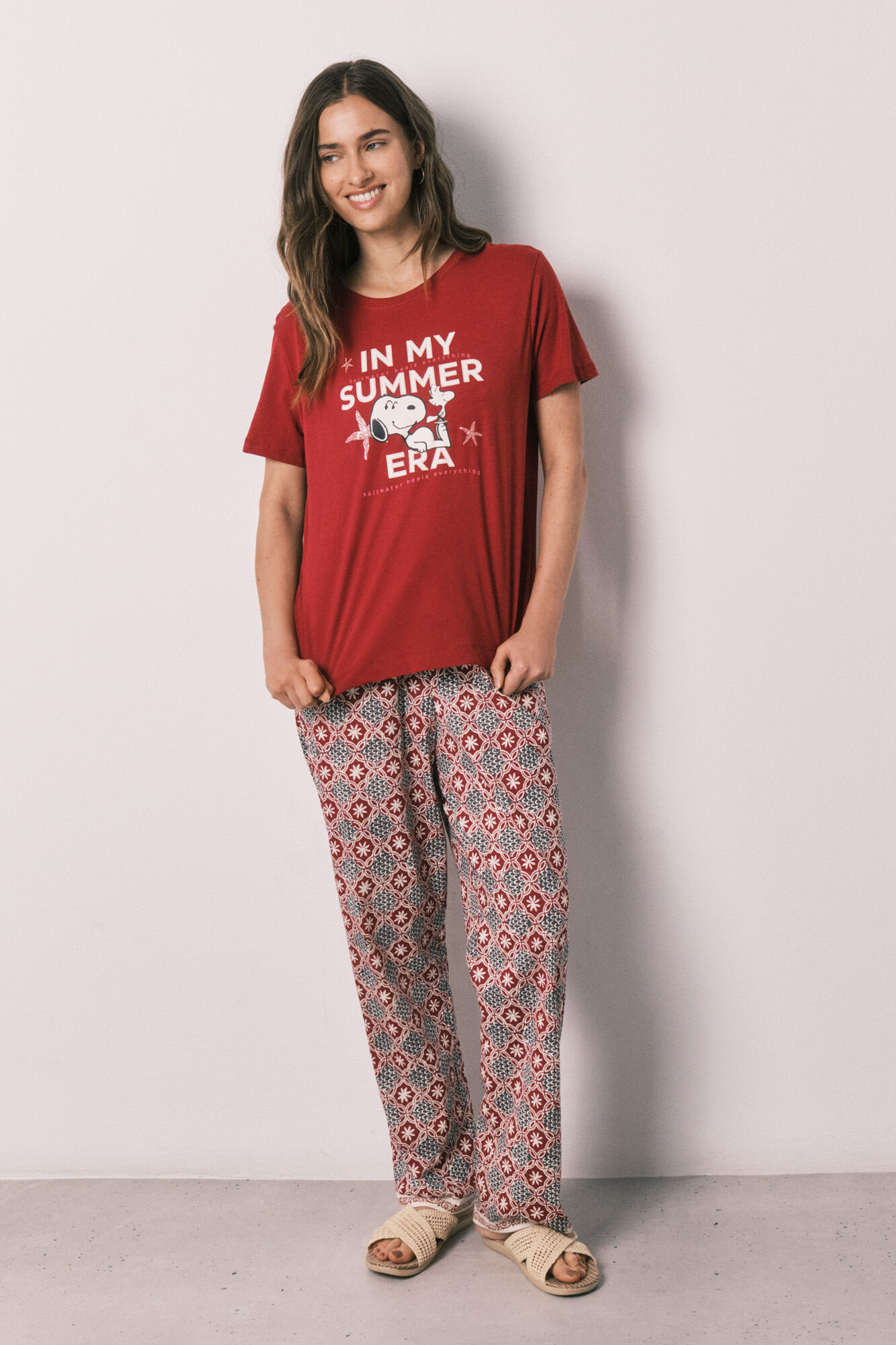 Women'secret Pijama comprido em algod&atilde;o estampado geom&eacute;trico Snoopy