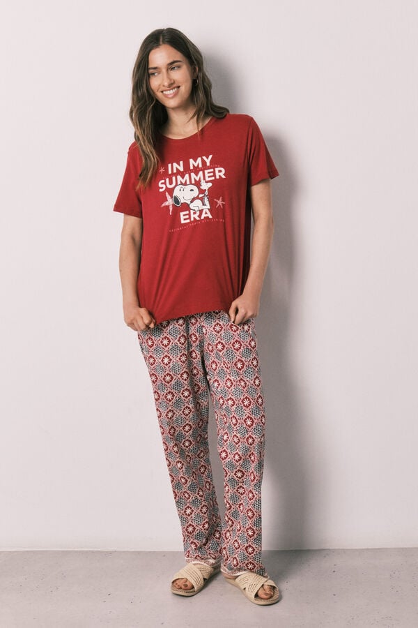 Women'secret Pijama comprido em algod&atilde;o estampado geom&eacute;trico Snoopy vermelho