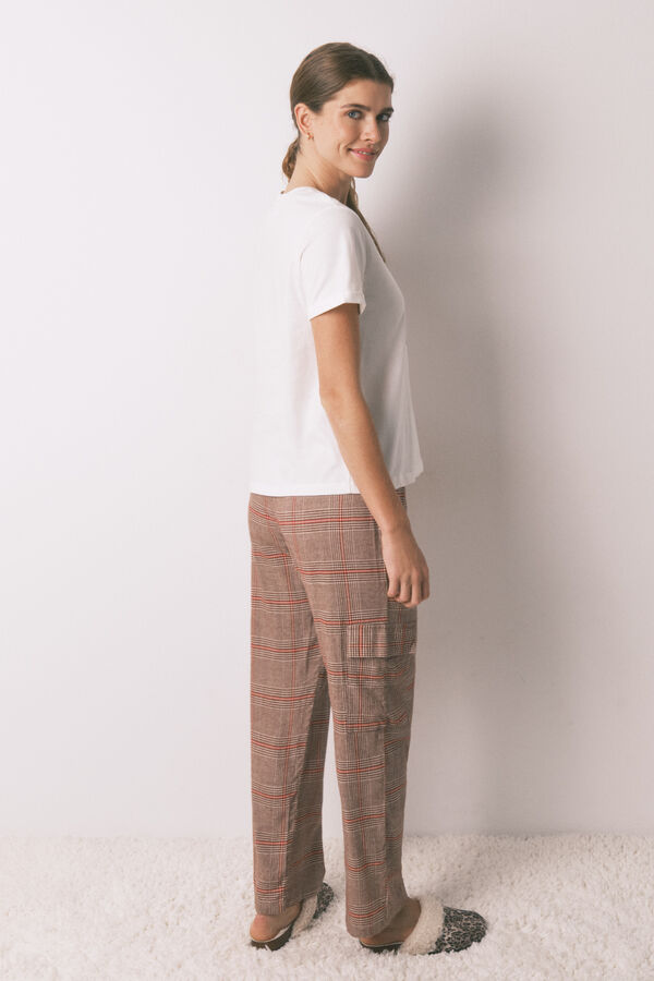 Women'secret Pijama largo 100% algod&oacute;n estampado cuadros Snoopy marfil