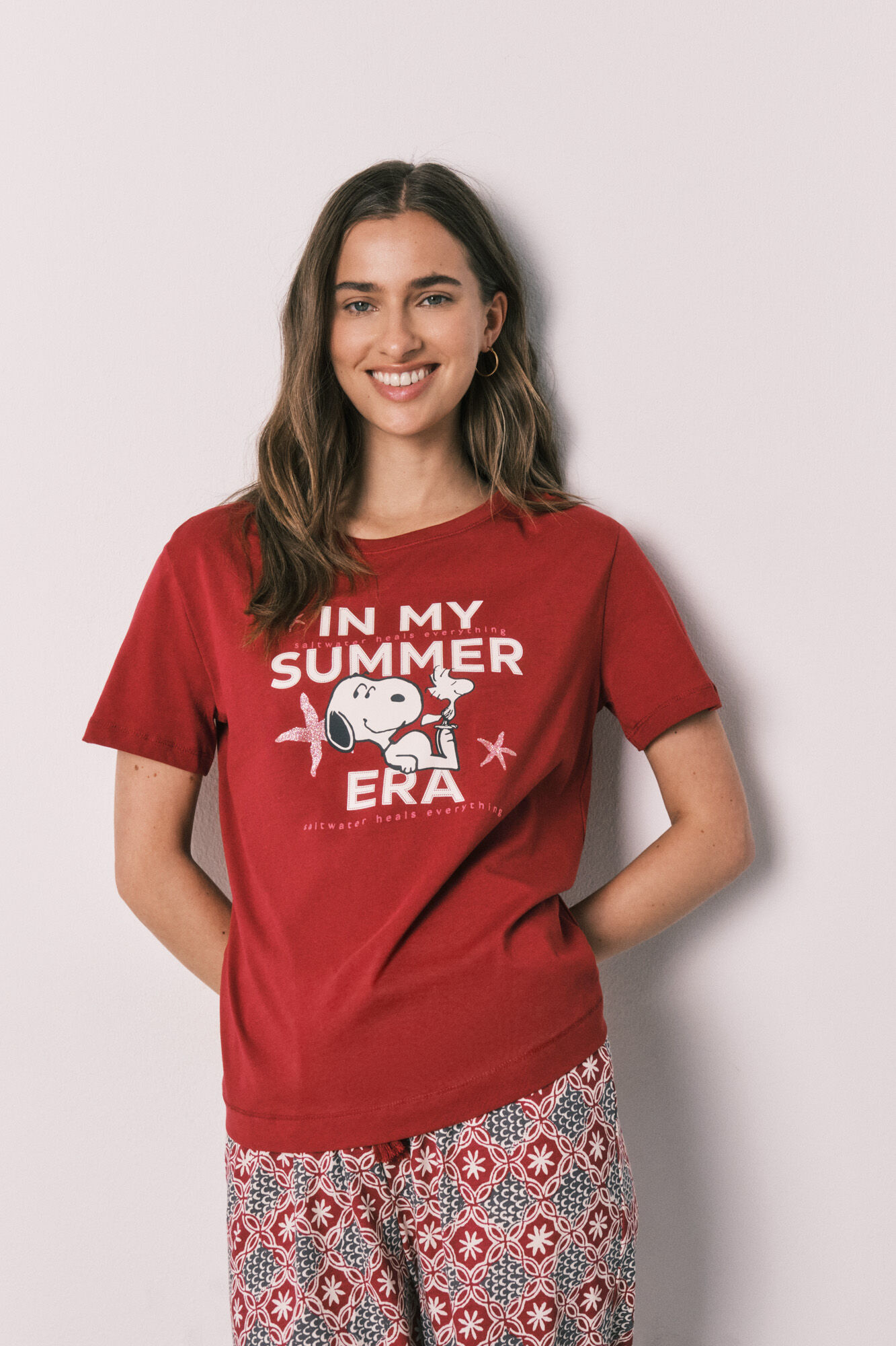 Women'secret Pijama comprido em algod&atilde;o estampado geom&eacute;trico Snoopy
