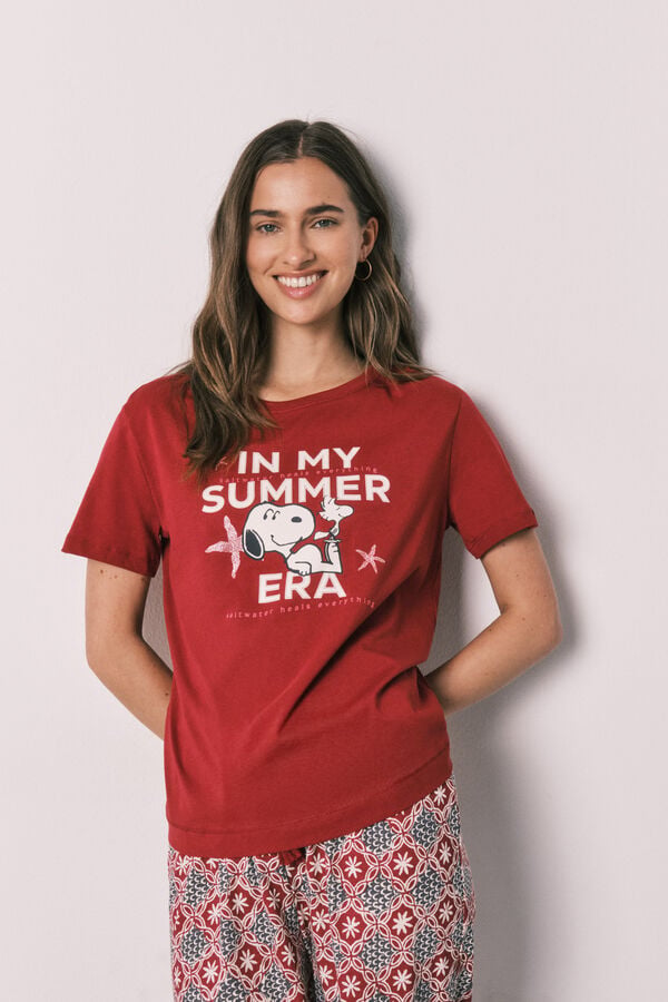 Women'secret Pijama comprido em algod&atilde;o estampado geom&eacute;trico Snoopy vermelho
