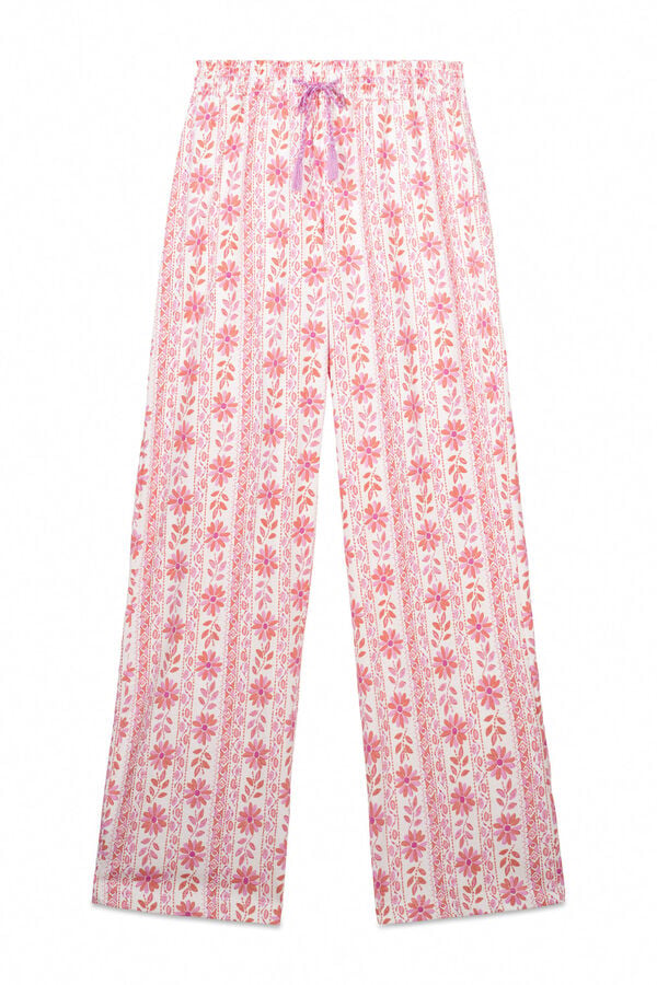 Women'secret Pantal&oacute;n largo 100% algod&oacute;n flores rosa
