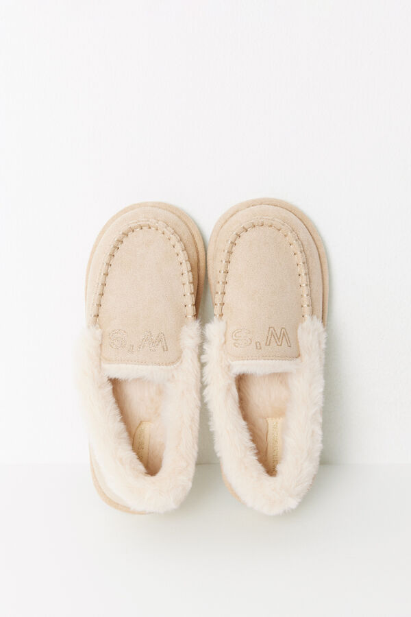 Women'secret Zapatillas casa mocas&iacute;n ante pelo beige nude
