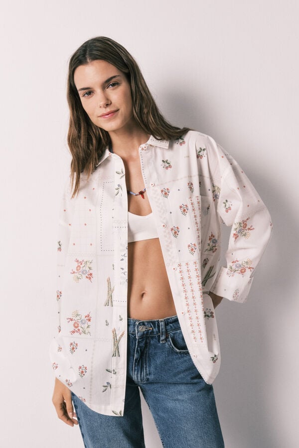 Women'secret Camisa de manga comprida em popelina com estampado floral branco