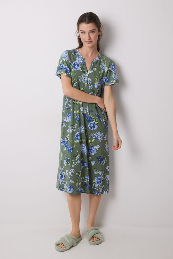 Women'secret Camis&oacute;n midi 100% algod&oacute;n verde flores estampado