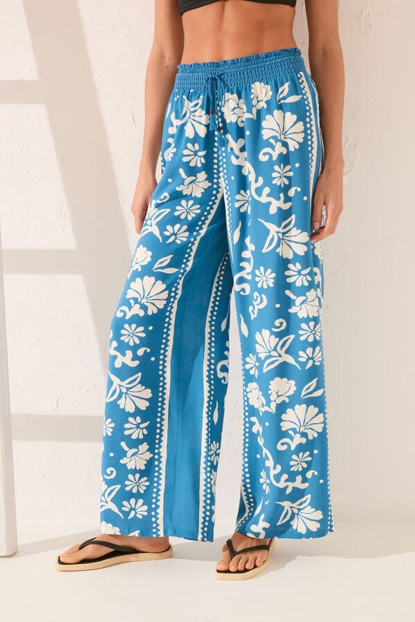 Women'secret Cal&ccedil;a comprida de viscose com estampado de carimbo azul