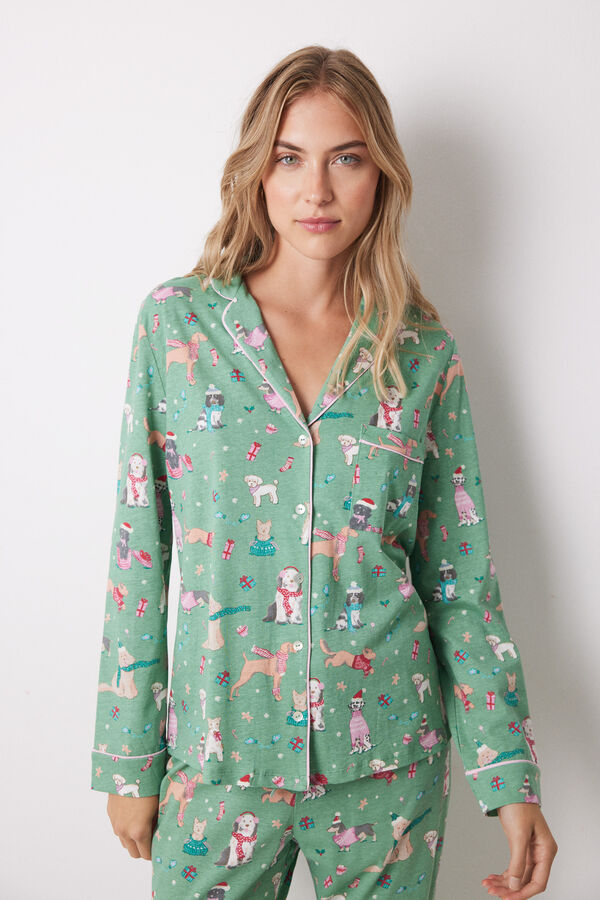 Women'secret Pijama camisero 100% algod&oacute;n perros navide&ntilde;os verde