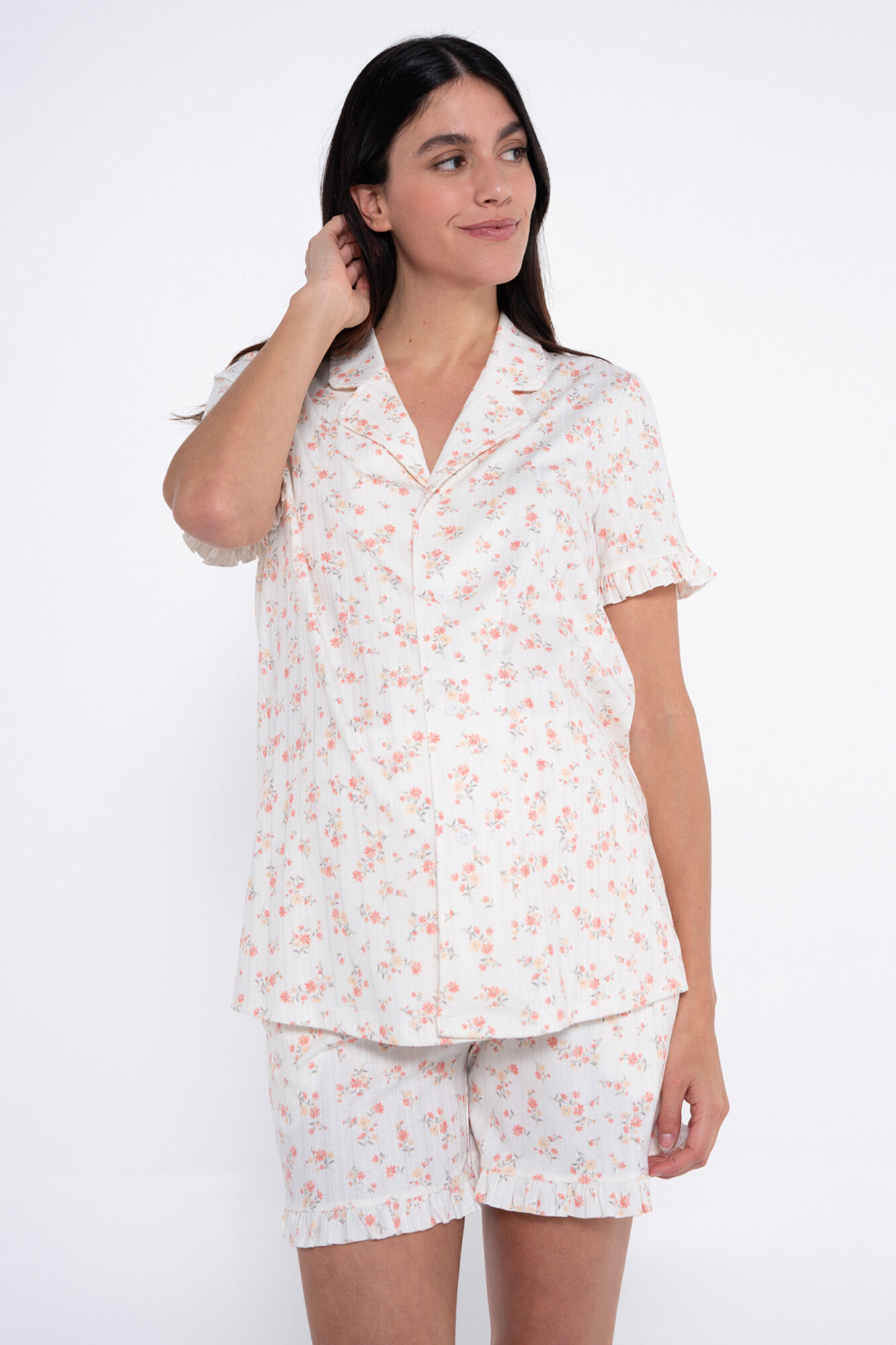 Ohma! Conjunto de pijama canelado floral para pr&eacute;-mam&atilde;