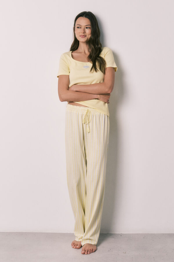 Women'secret Pijama comprido em algod&atilde;o de manga curta amarelo estampado