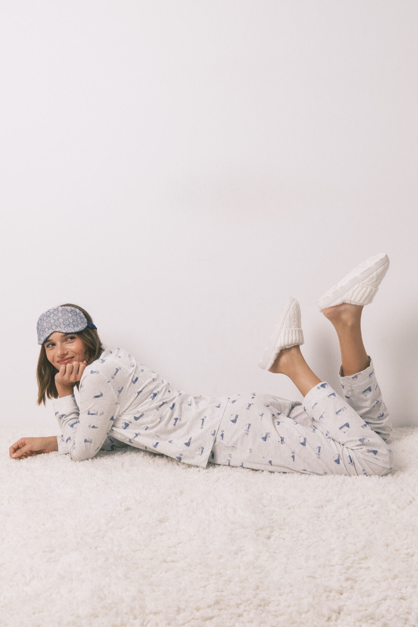 Women'secret Pijama camisero largo 100% algod&oacute;n gris print casitas