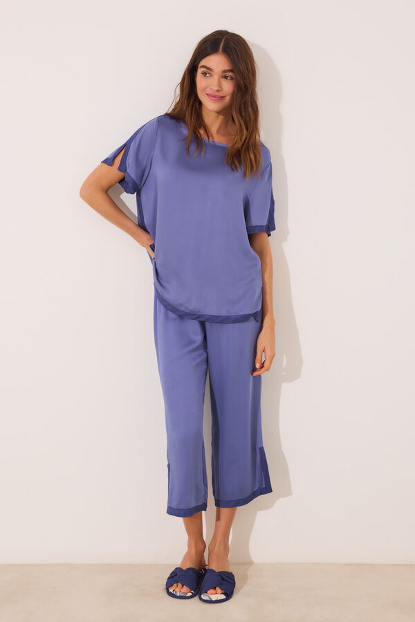 Women'secret Pijama de cetim azul liso azul