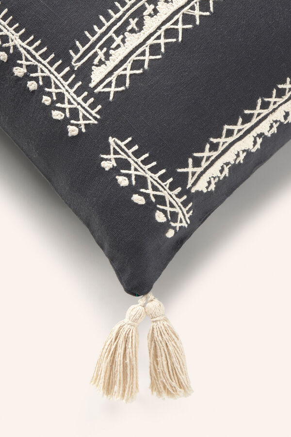 Calma House Capa de almofada quadrada com bordado cinza escuro Fret cinzento