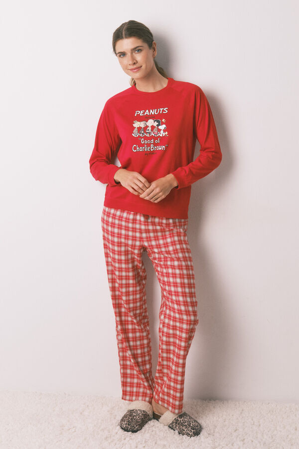 Women'secret Pijama longo 100% algod&atilde;o estampado xadrez vermelho Snoopy vermelho
