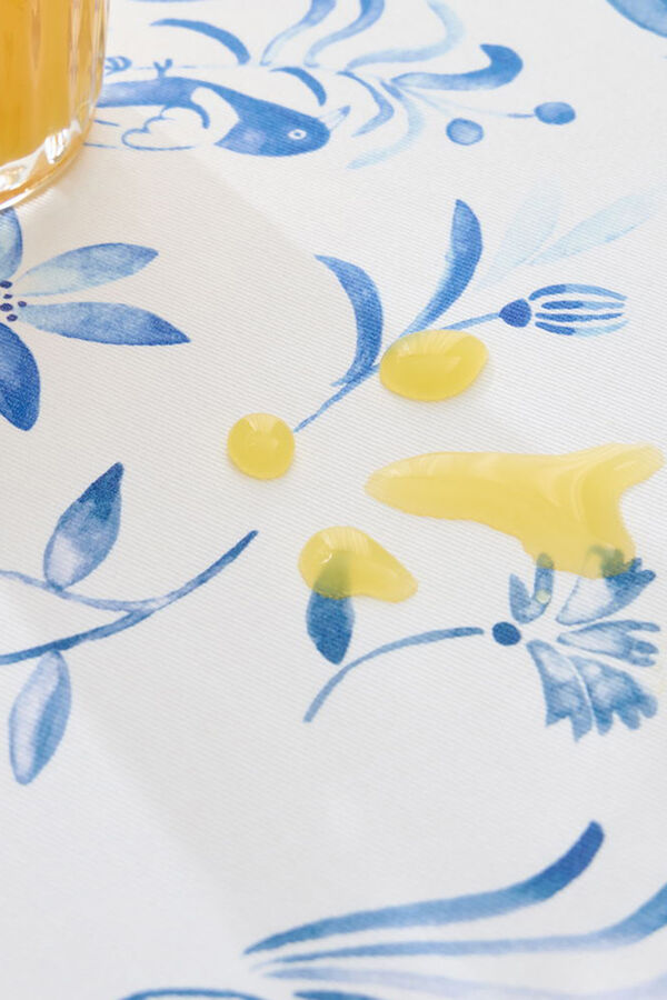 Textura Mantel antimanchas redondo algod&oacute;n flores azul