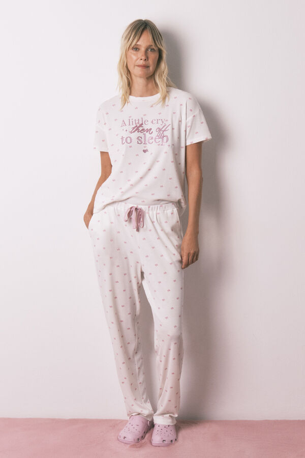 Women'secret Pijama comprido com T-shirt curta em tecido waffle branco