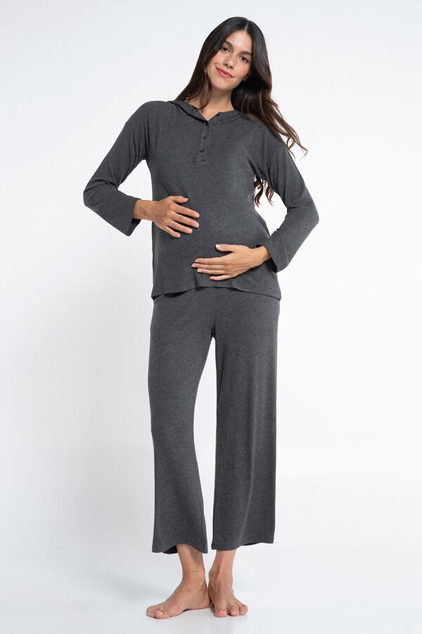 Ohma! Pijama comprido pré-mamã canelado com capuz cinzento