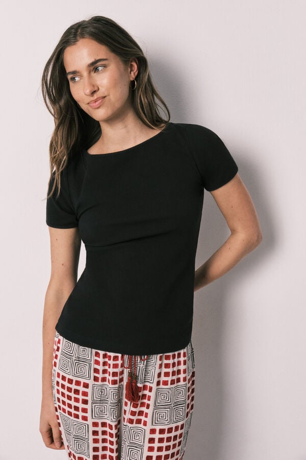 Women'secret Pijama comprido de manga curta em algod&atilde;o preto