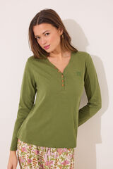 Women'secret Camiseta lisa manga larga 100% algodón verde kaki