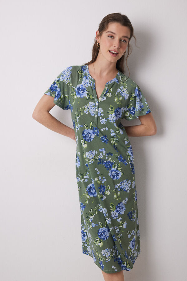Women'secret Camis&oacute;n midi 100% algod&oacute;n verde flores estampado