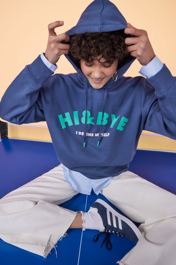 HI&BYE Sudadera capucha felpa azul oscuro logo azul