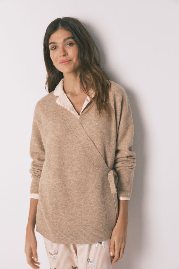 Women'secret Casaco de malha curto liso em malha tricot rosa cru
