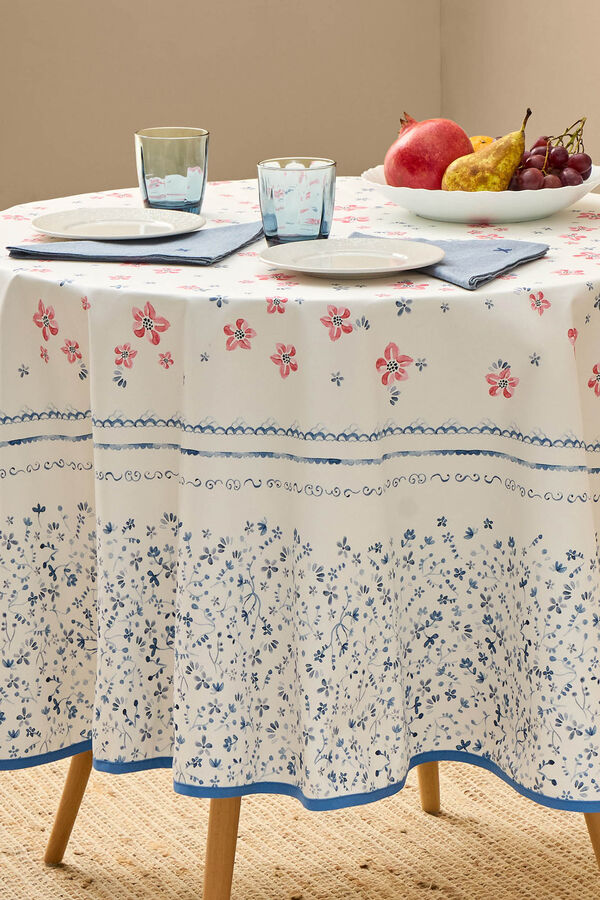 Textura Toalha de mesa redonda com flores e folhas resistentes a manchas azul