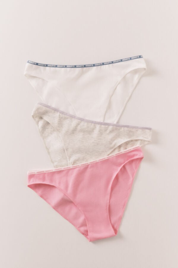 HI&BYE Pack 3 cuecas cl&aacute;ssicas em algod&atilde;o cinzento, rosa e branco branco