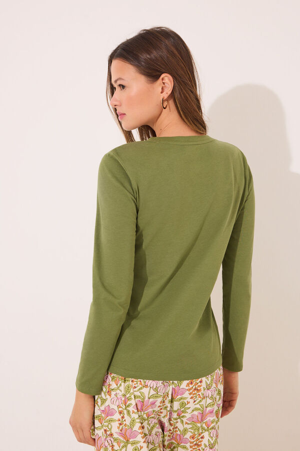 Women'secret Camiseta lisa manga larga 100% algodón verde kaki