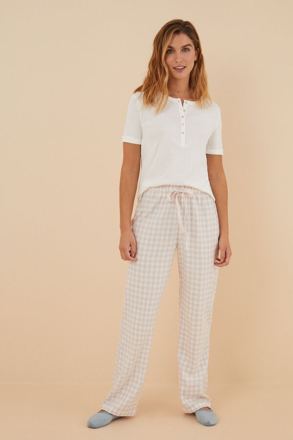 Women'secret Pantalón largo cuadros lúrex rosa kaki