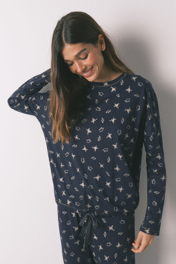 Women'secret Pijama largo 100% algod&oacute;n azul estampado ranitas  azul