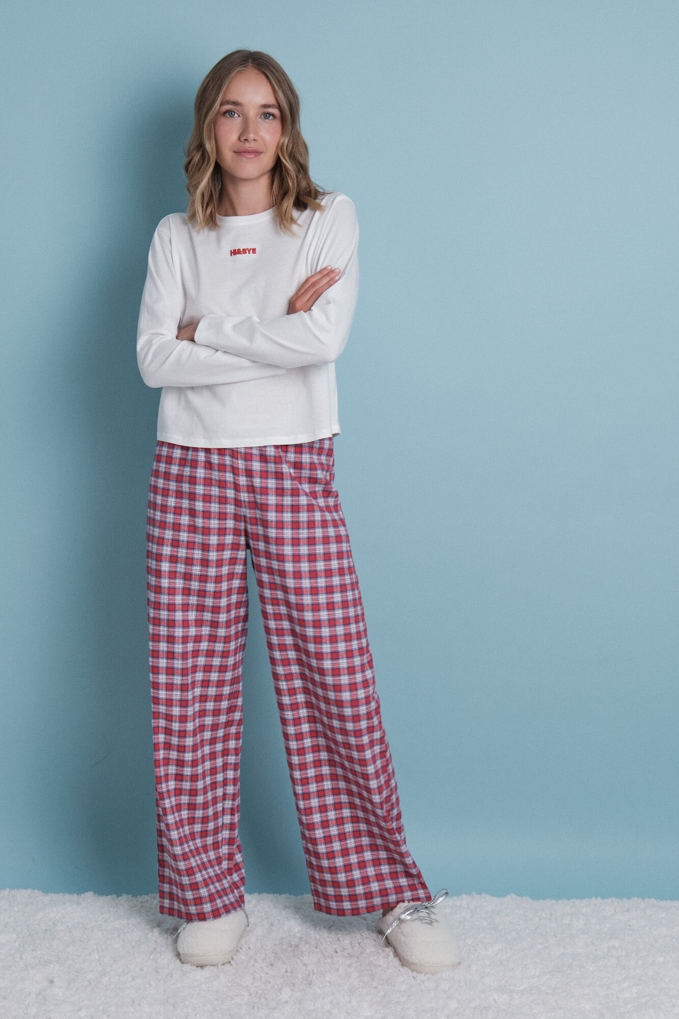 HI&BYE Pijama largo 100% algod&atilde;o xadrez vichy vermelho