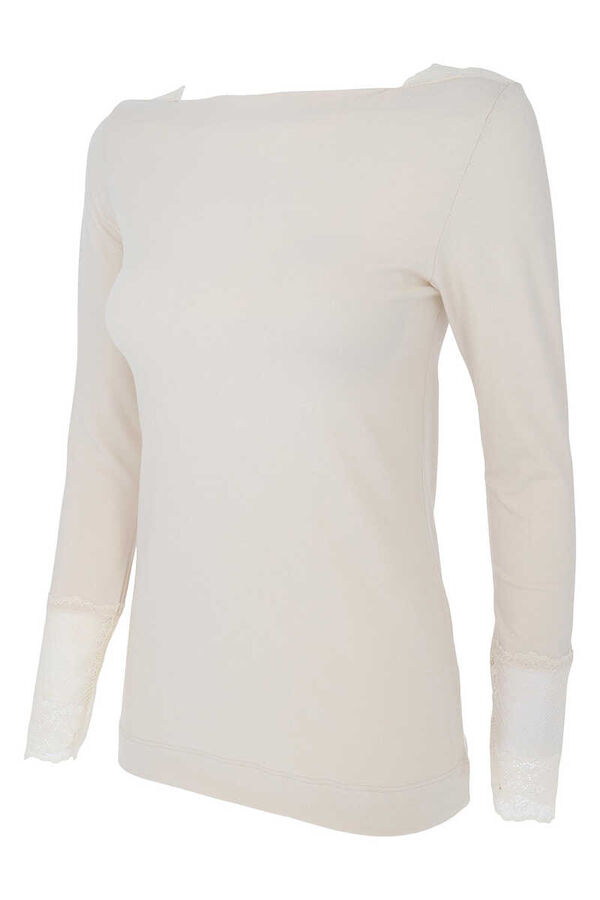 Cotonella T-shirt t&eacute;rmica para mulher, com gola caixa e manga comprida com renda bege