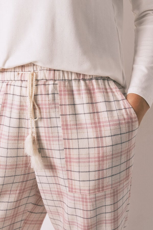Women'secret Pantal&oacute;n largo franela rosa print cuadros rosa