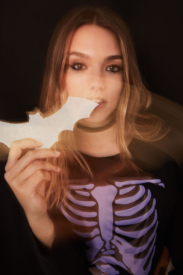 Women'secret Pijama 100% algod&oacute;n negro esqueleto negro