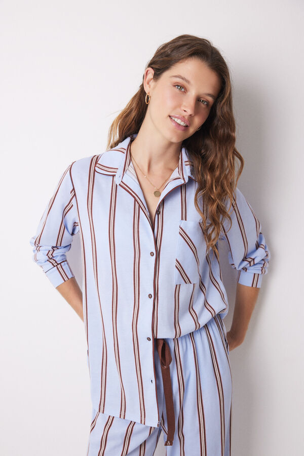 Women'secret Pijama camisa longa 100% algod&atilde;o riscas azul